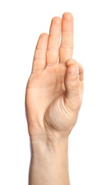 Photo of Man showing F letter on white background, closeup. Sign language