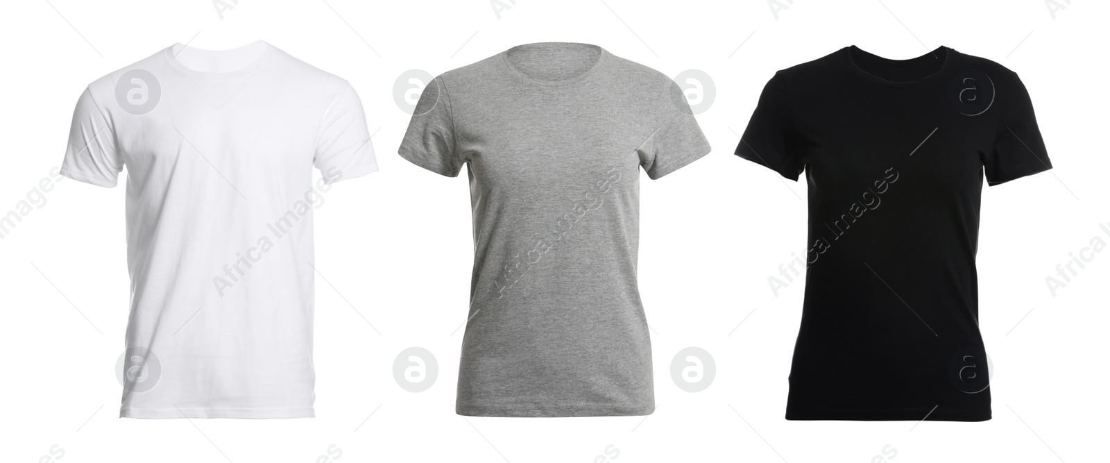 Image of T-shirts of different colors isolated on white. Space for design