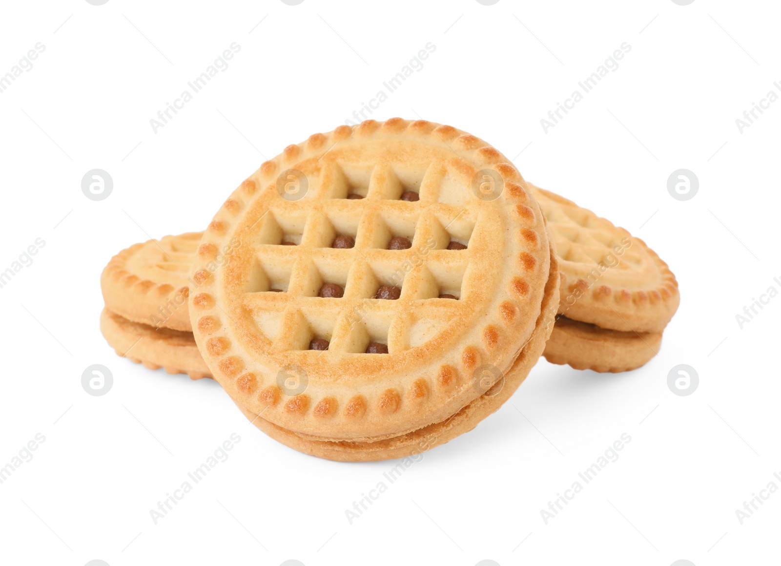 Photo of Tasty sandwich cookies with cream isolated on white