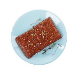 Photo of Plate with fresh raw mince and spices isolated on white, top view. Vegan meat product