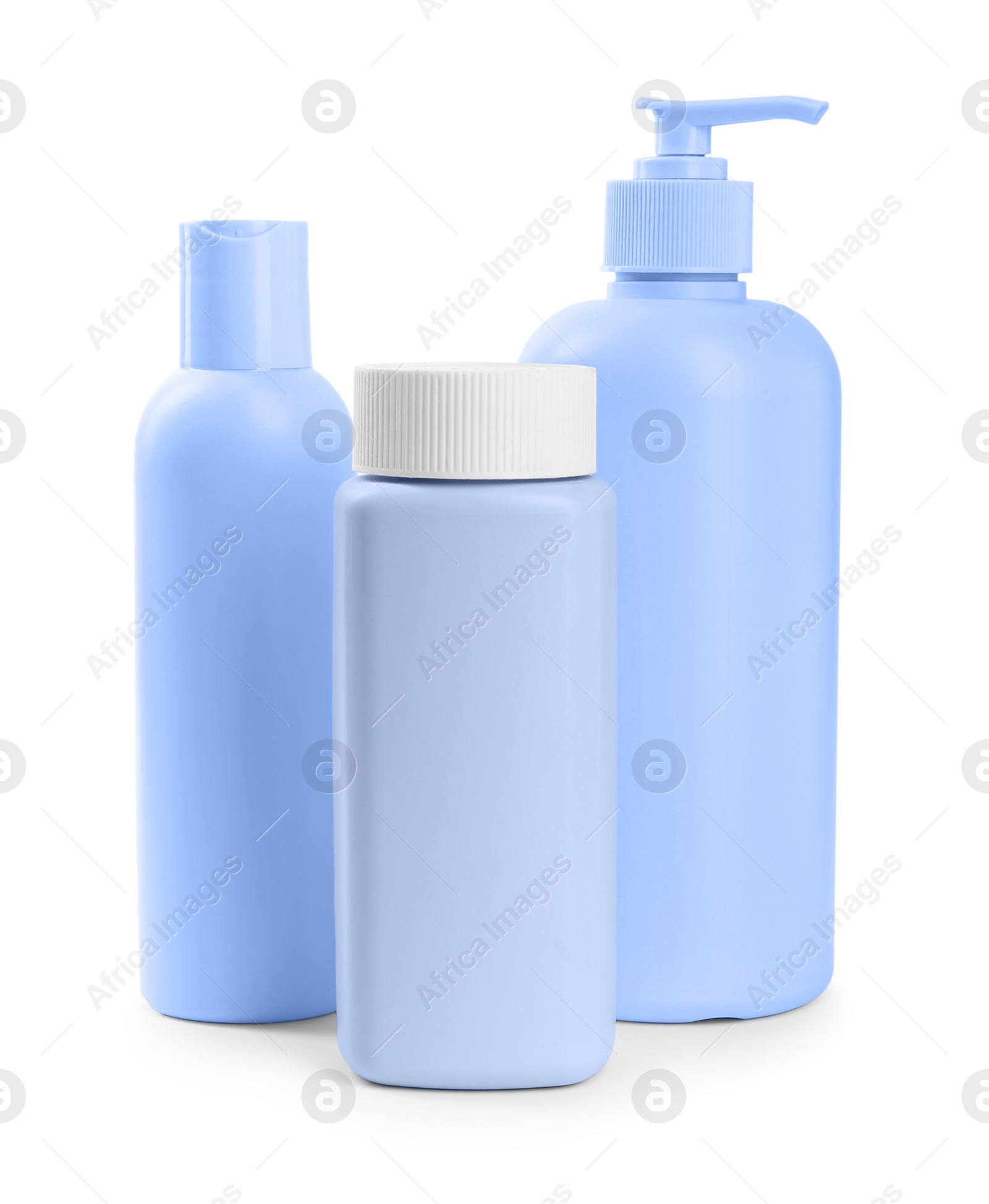 Photo of Different skin care products for baby in bottles isolated on white