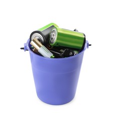 Image of Used batteries in bucket on white background