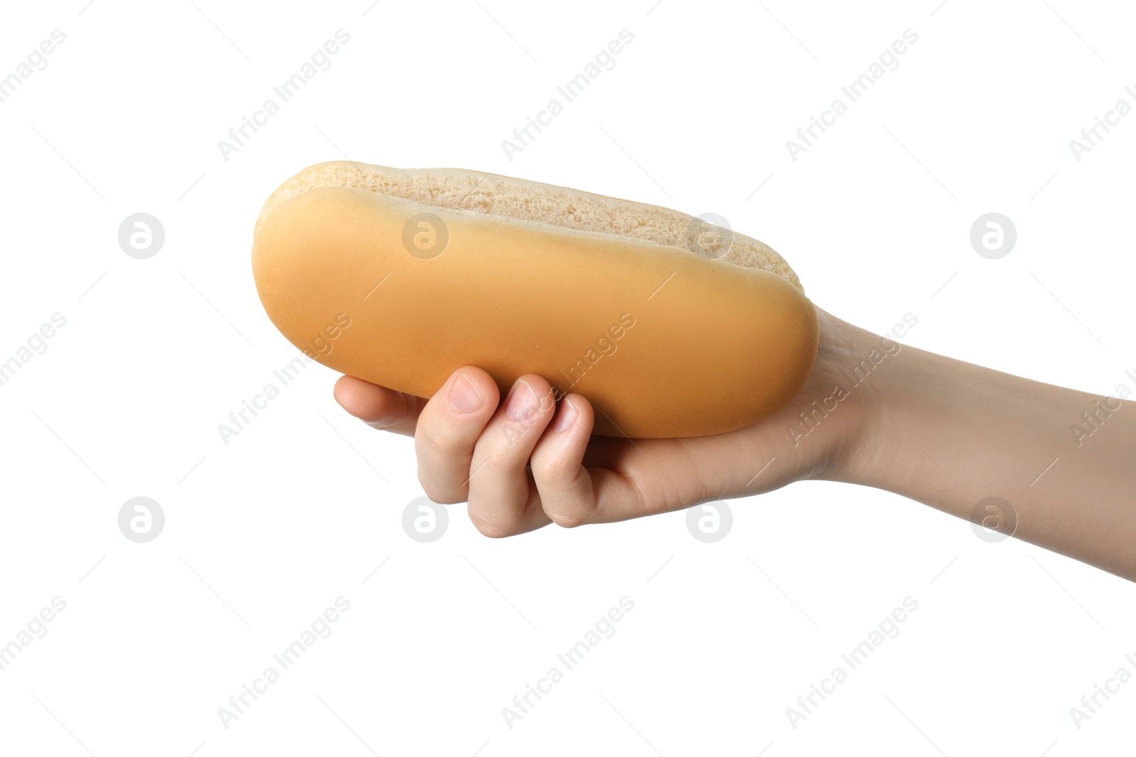 Photo of Woman with fresh hot dog bun on white background, closeup