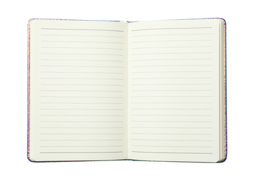 Photo of Stylish open notebook isolated on white, top view