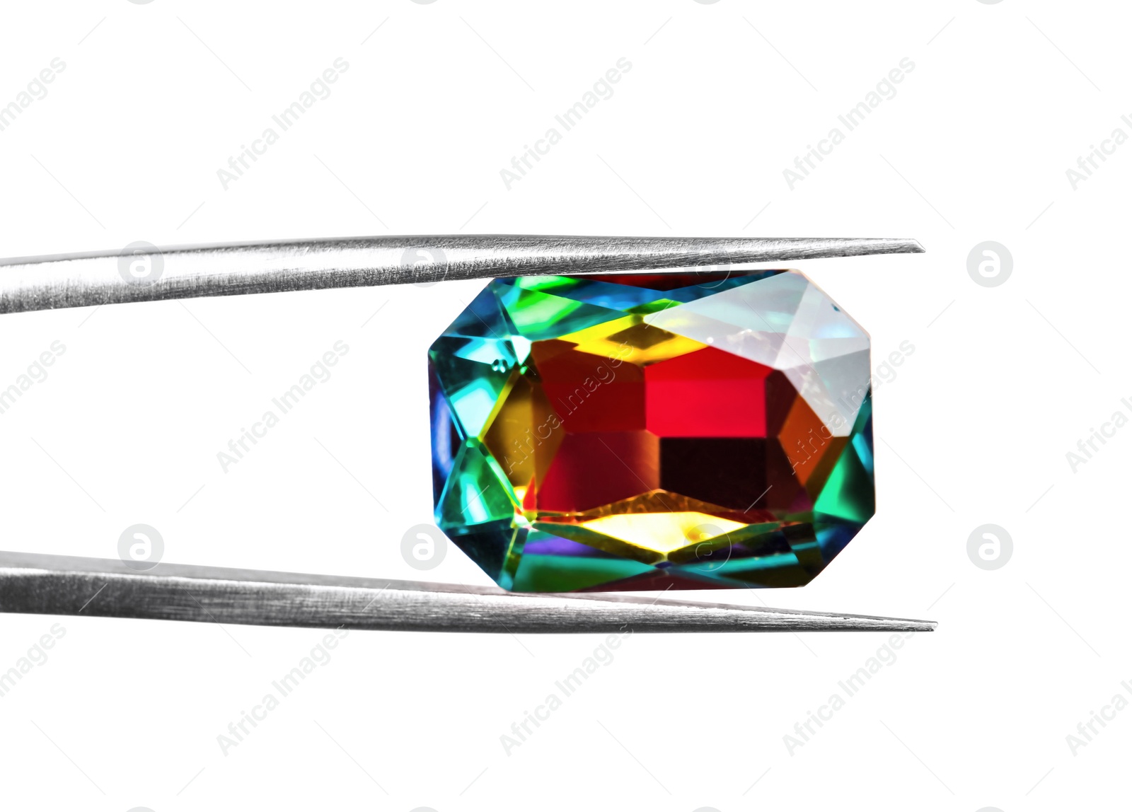 Photo of Tweezers with beautiful gemstone on white background