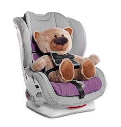 Teddy bear in child safety car seat on white background