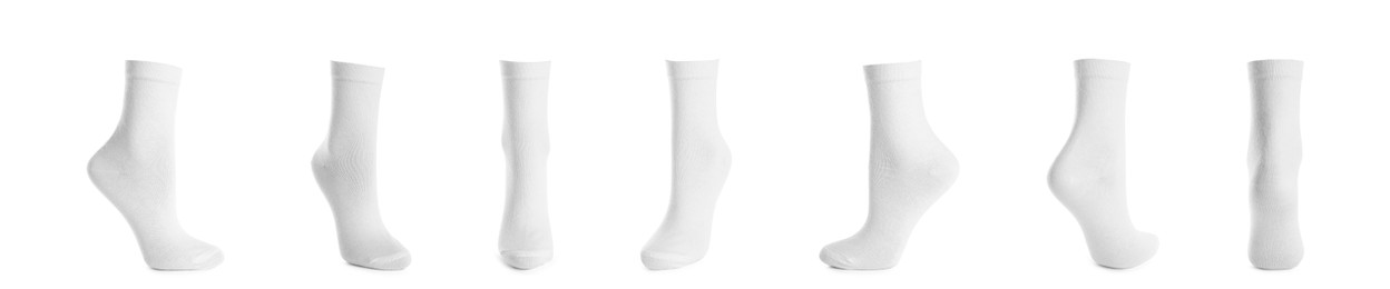 Image of Set with socks on white background. Banner design