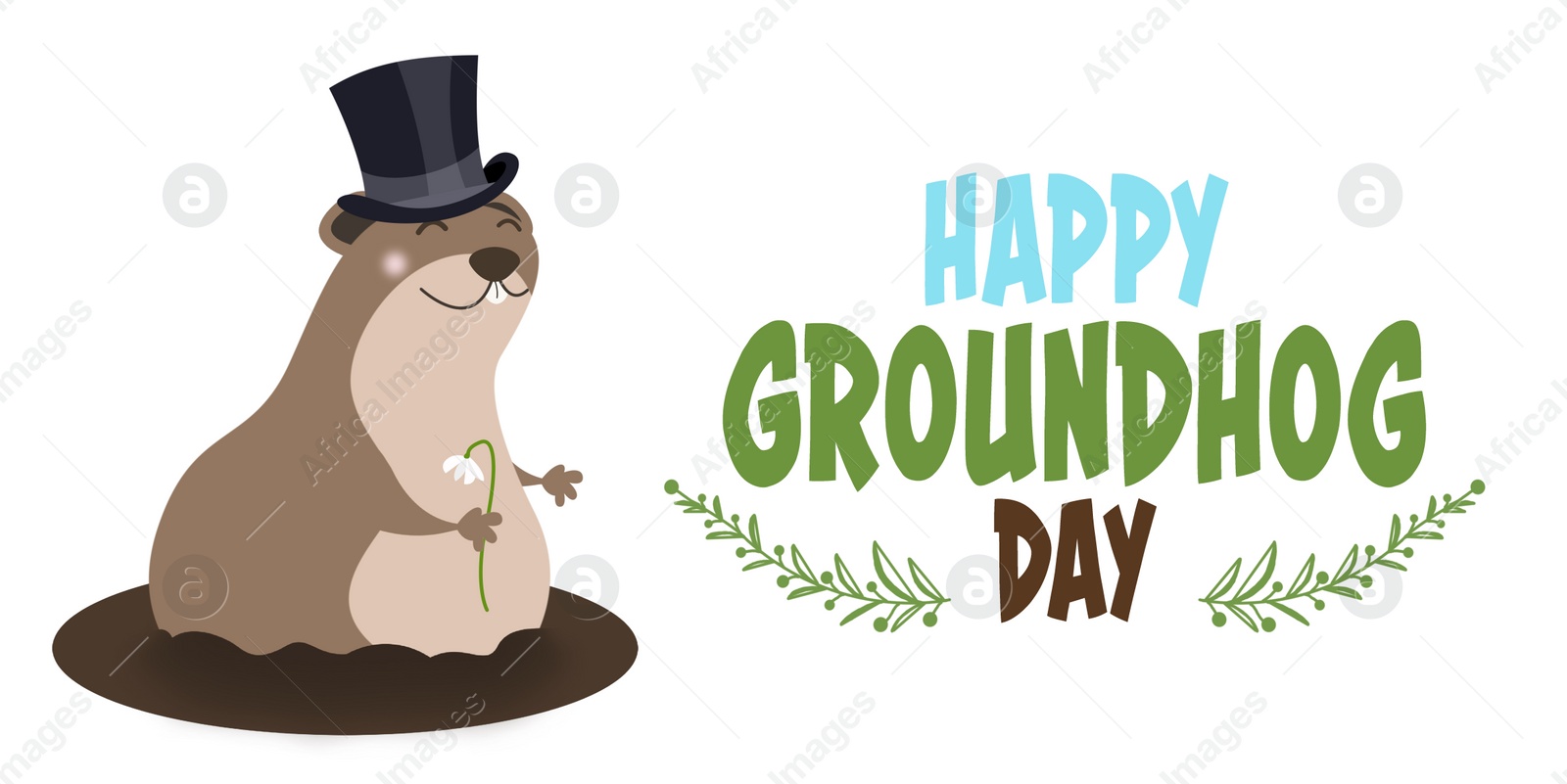 Illustration of Happy Groundhog Day greeting card with cute cartoon animal. Banner design