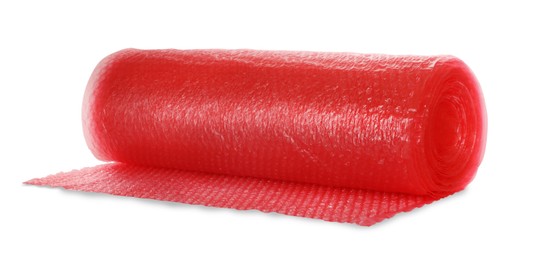 Red bubble wrap roll isolated on white