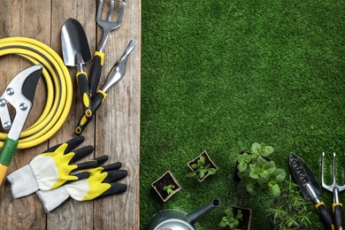 Photo of Different gardening tools and plants on green grass, flat lay. Space for text