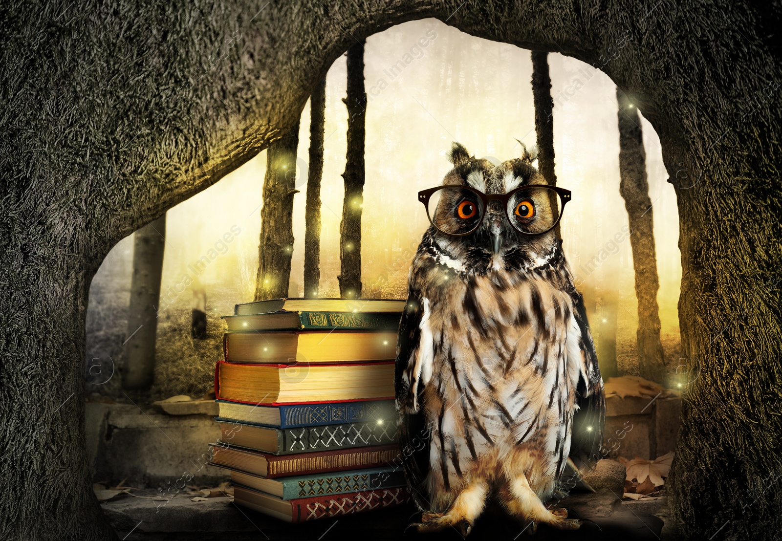 Image of Beautiful wise owl near books in fantasy world