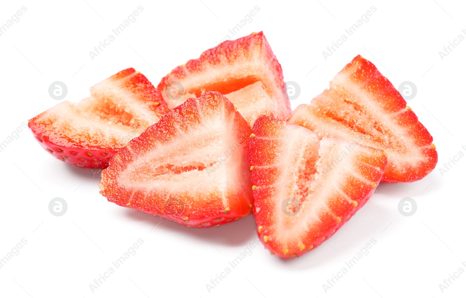 Photo of Halves of delicious fresh strawberries on white background