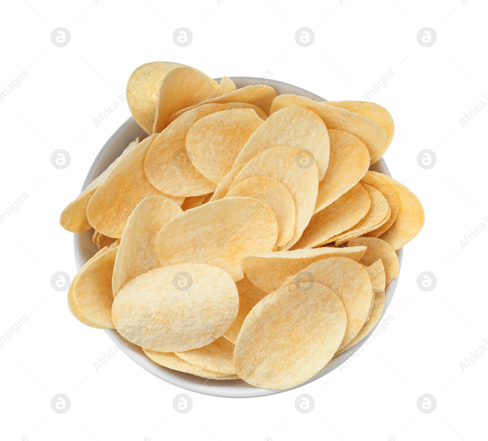 Photo of Bowl of tasty potato chips on white background, top view