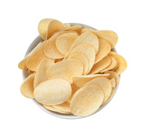 Bowl of tasty potato chips on white background, top view