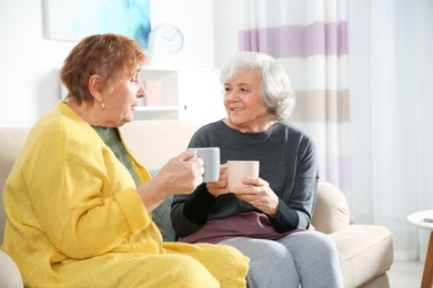 Elderly women drinking tea together in living room