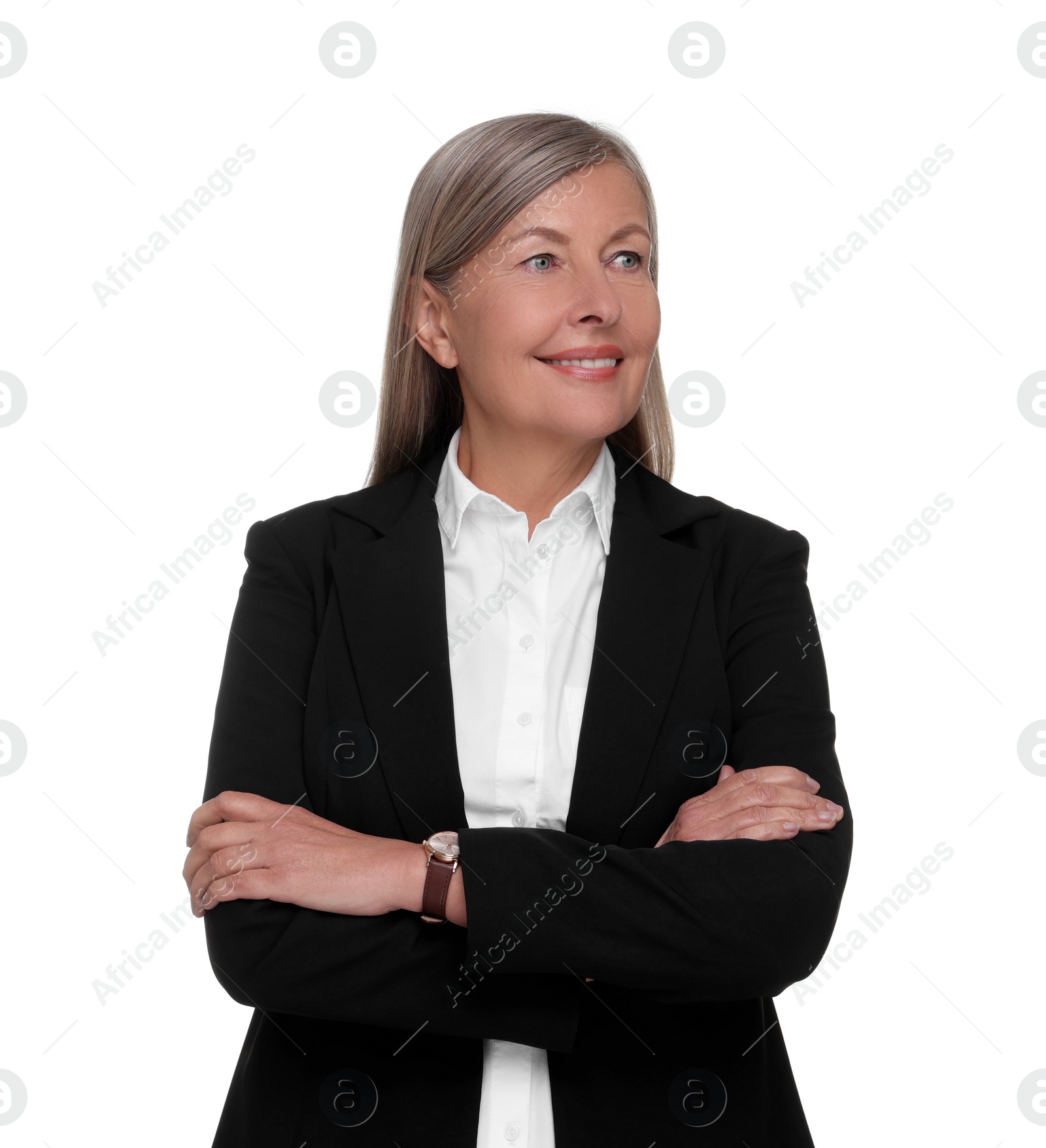 Photo of Portrait of smiling woman with crossed arms on white background. Lawyer, businesswoman, accountant or manager