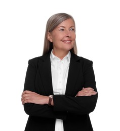 Portrait of smiling woman with crossed arms on white background. Lawyer, businesswoman, accountant or manager