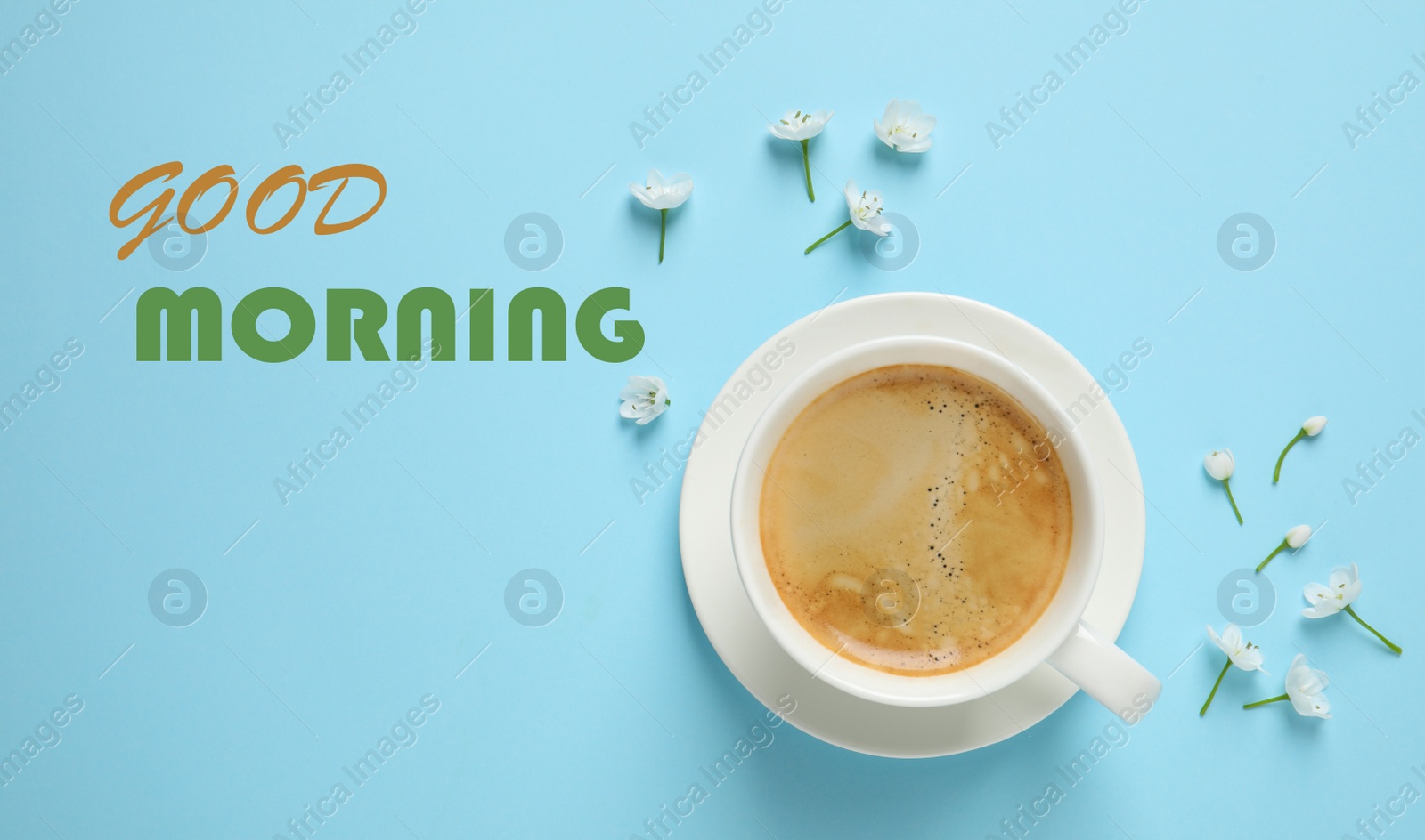 Image of Good Morning! White flowers and coffee on light blue background, flat lay