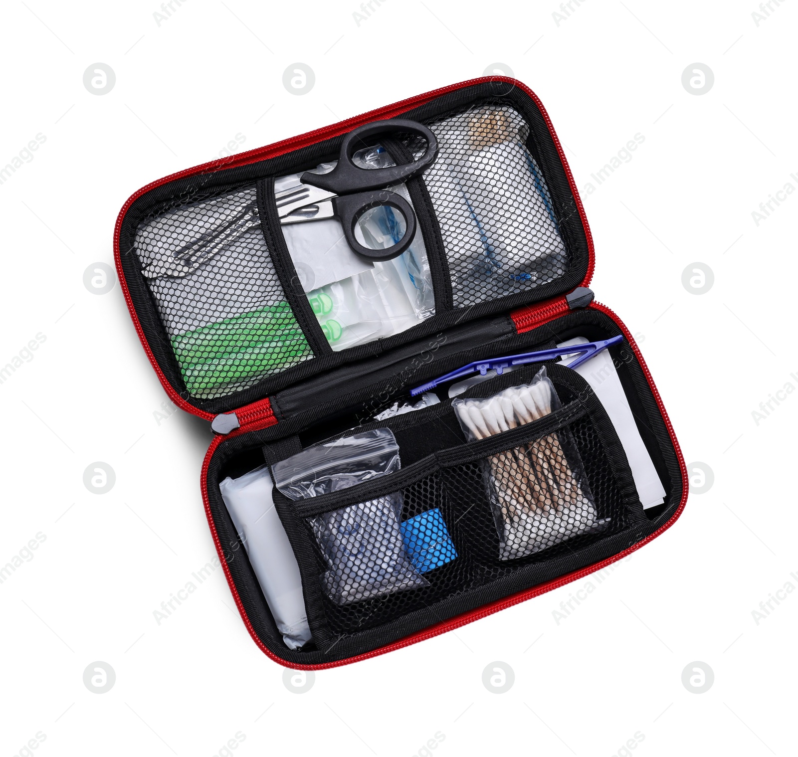 Photo of First aid kit with scissors, cotton buds and elastic bandage isolated on white, top view