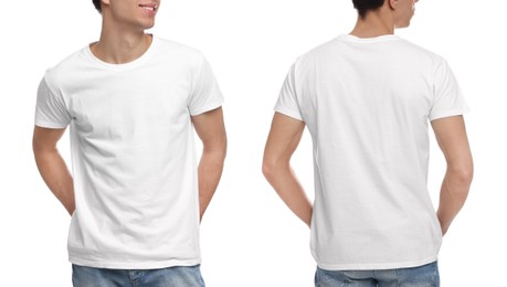 Image of Collage with photos of man in stylish t-shirt on white background, closeup. Back and front views for mockup design