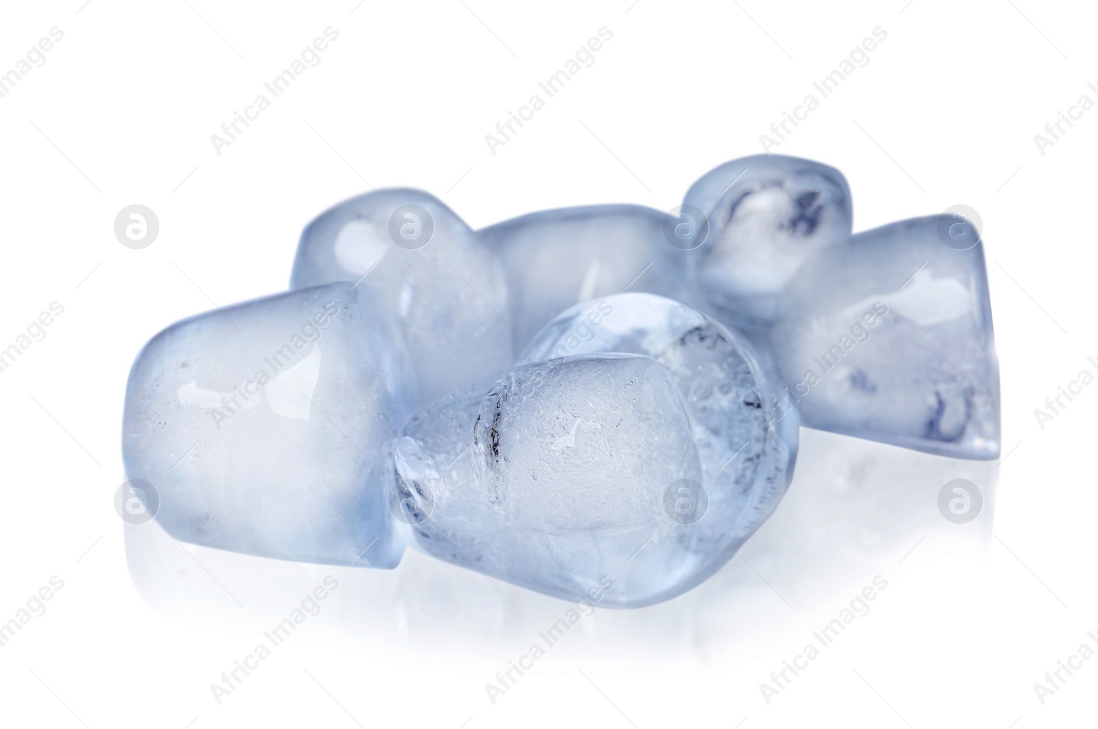 Photo of Ice cubes on white background. Frozen liquid