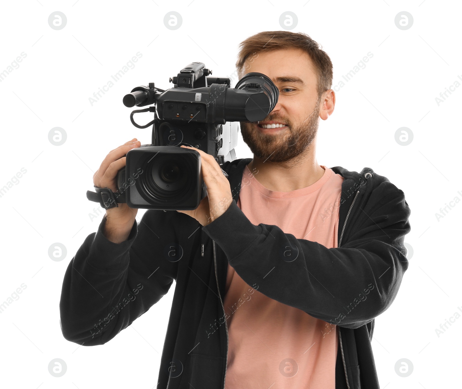 Photo of Operator with professional video camera on white background