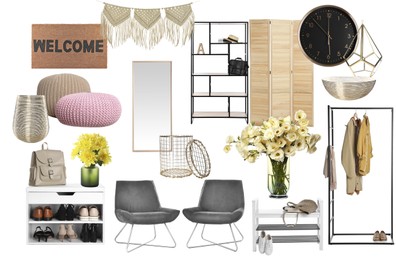 Image of Interior design. Collage with different combinable furniture and decorative elements on white background
