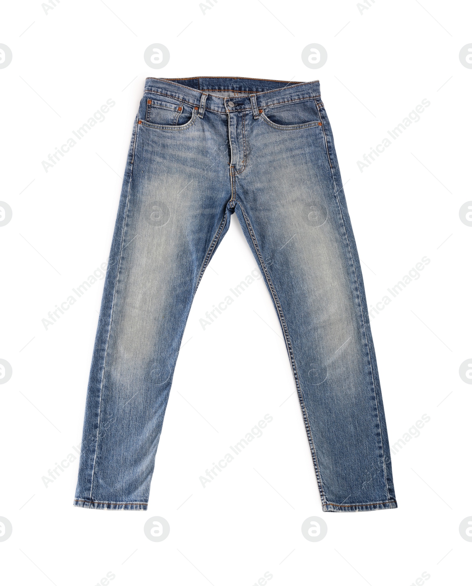 Photo of Blue jeans isolated on white, top view. Stylish clothes