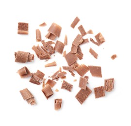 Many tasty chocolate shavings isolated on white, top view