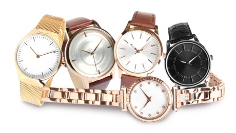 Image of Collage of stylish watches on white background, banner design 