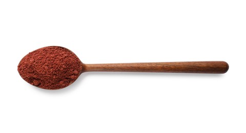 Dried cranberry powder in spoon isolated on white, top view