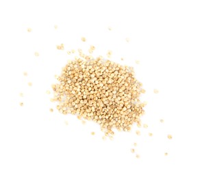 Photo of Pile of raw quinoa grains on white background, top view