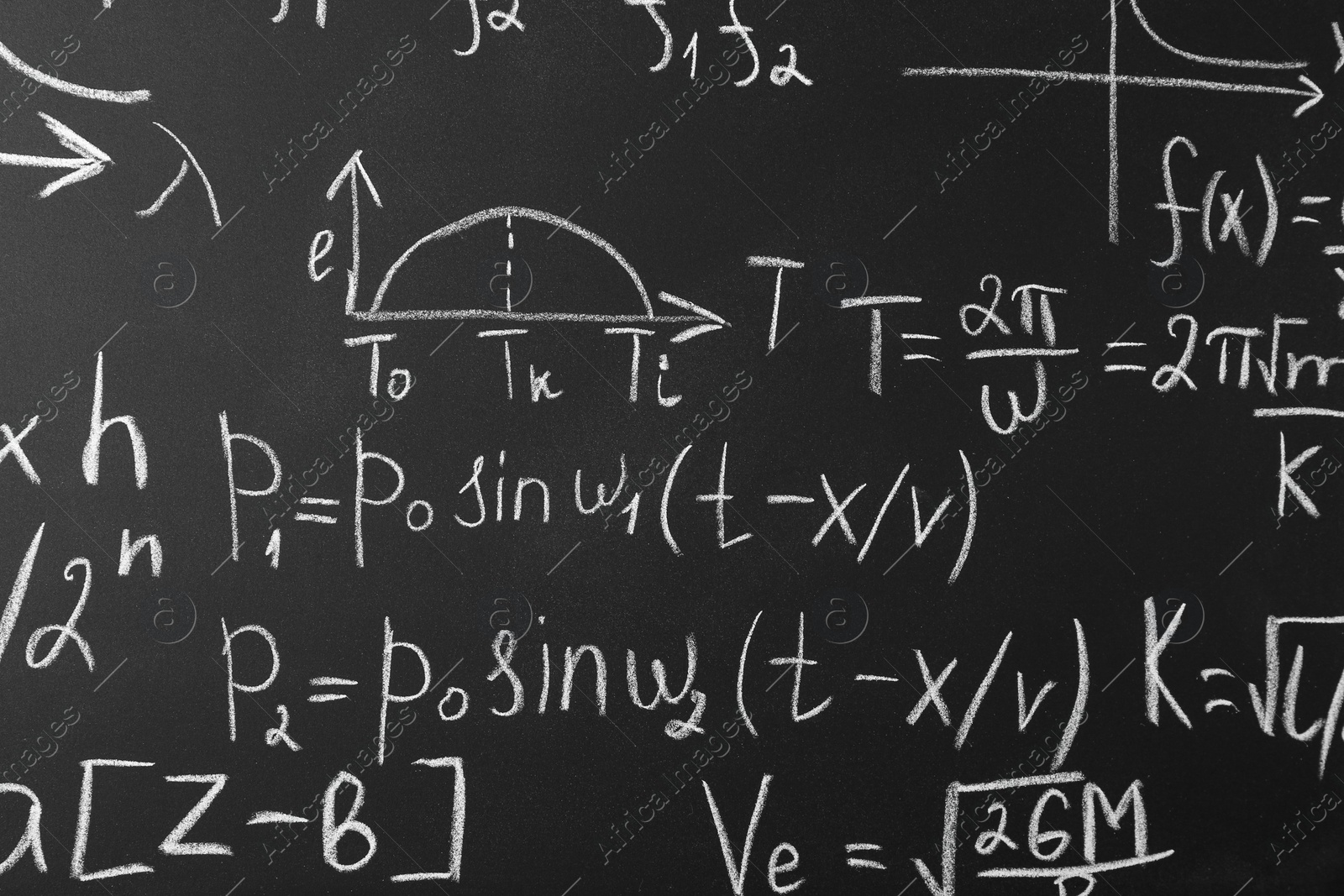 Photo of Many different math formulas written on chalkboard, closeup