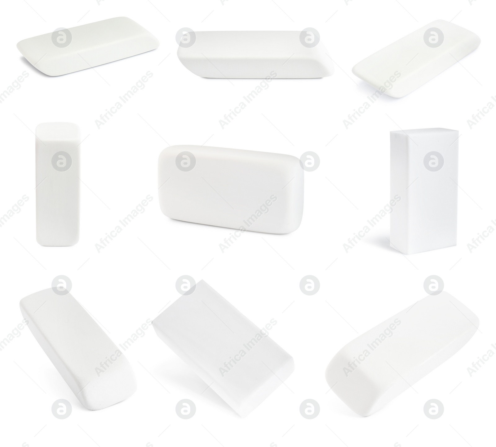 Image of Collage of rubber erasers on white background