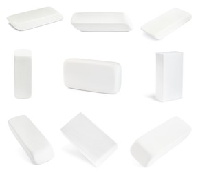 Image of Collage of rubber erasers on white background