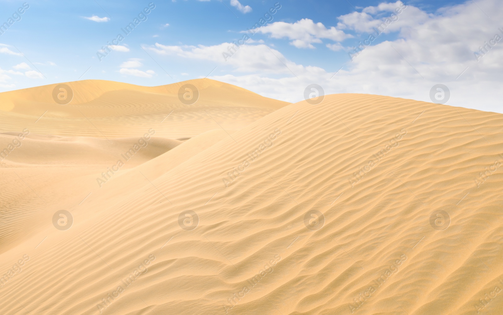 Image of Picturesque view of sandy desert and blue sky on hot sunny day 