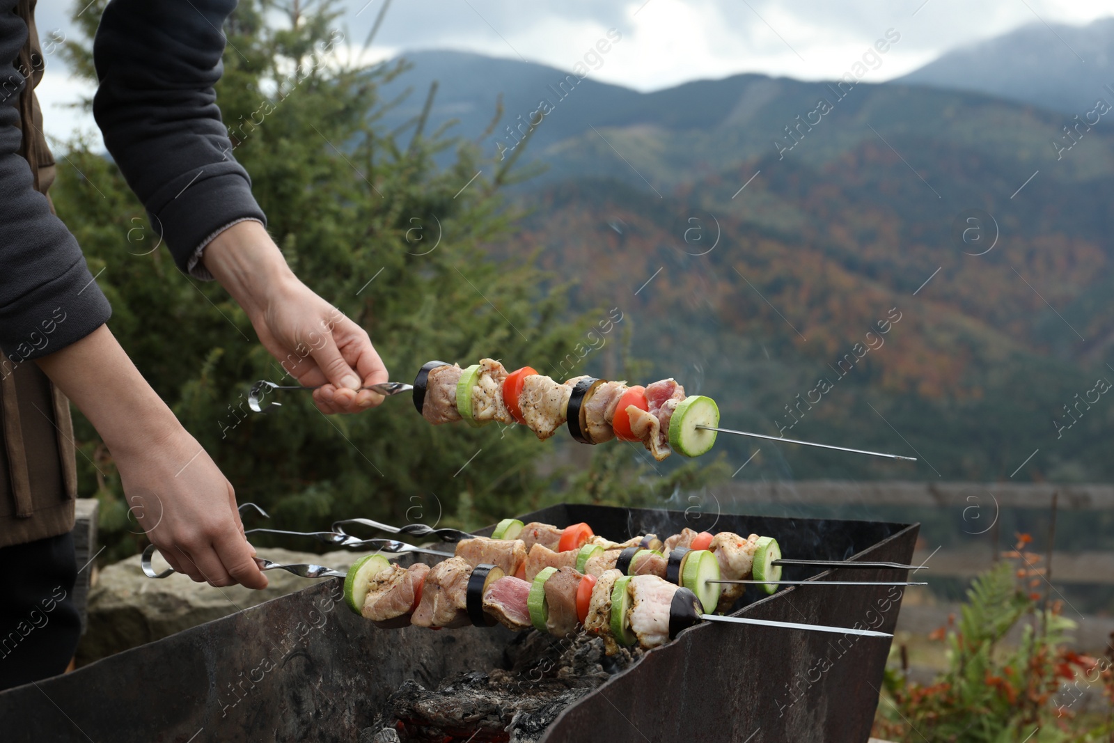 Photo of Woman cooking meat and vegetables on brazier against mountain landscape, closeup