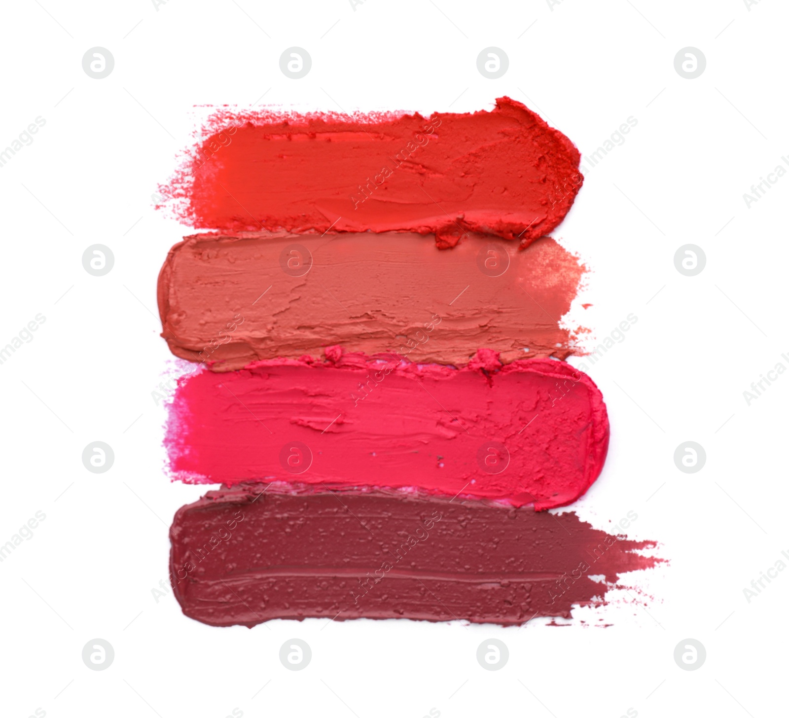 Photo of Collection of colorful lipstick smears on white background