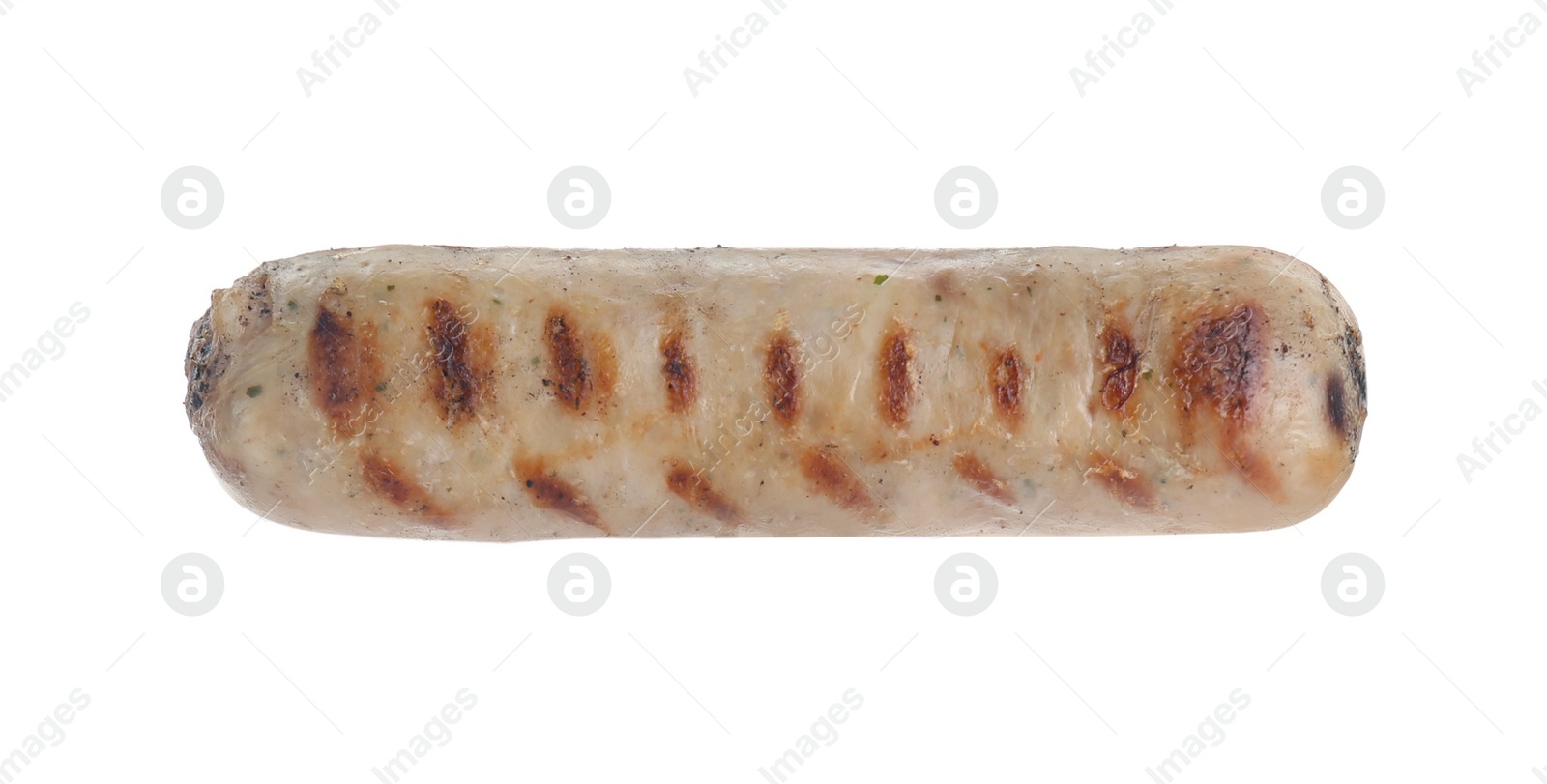 Photo of Fork with tasty grilled sausage isolated on white