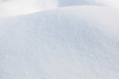 Photo of Clear white snow as background, closeup. Winter season