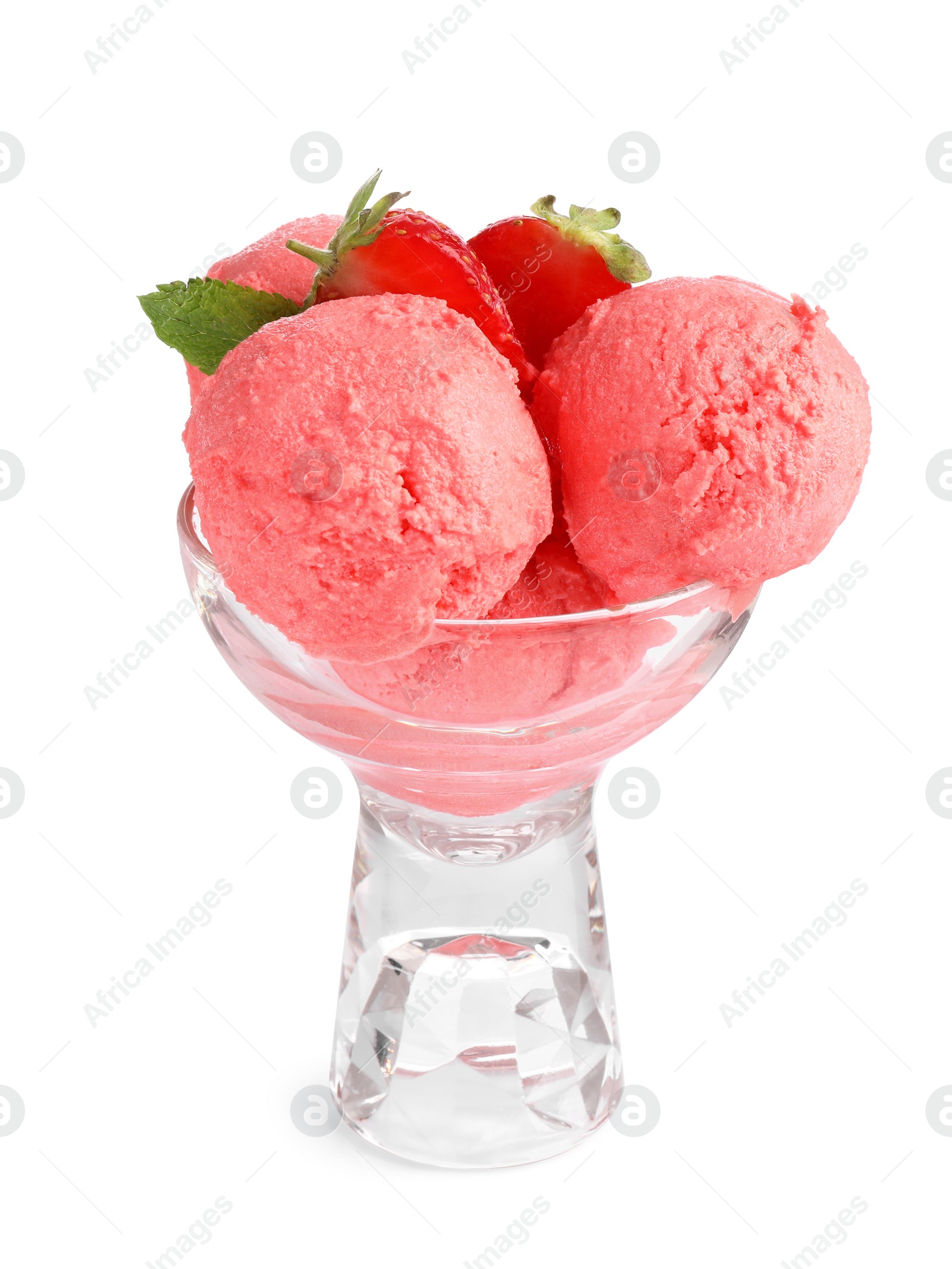Photo of Glass dessert bowl with delicious strawberry ice cream isolated on white