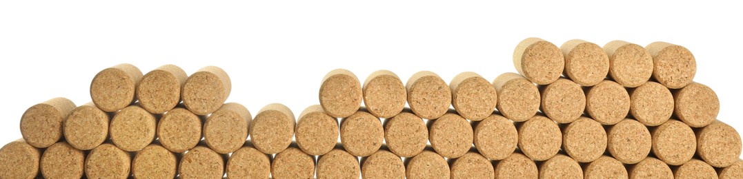Photo of Wine bottle corks on white background, top view