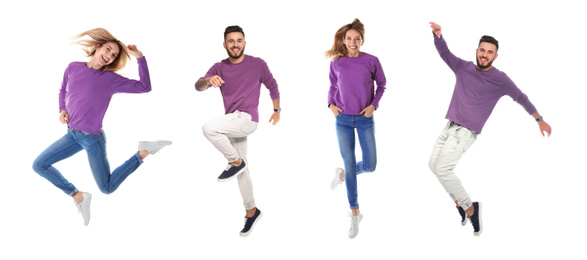 Image of Collage of emotional people wearing violet sweatshirts jumping on white background. Banner design