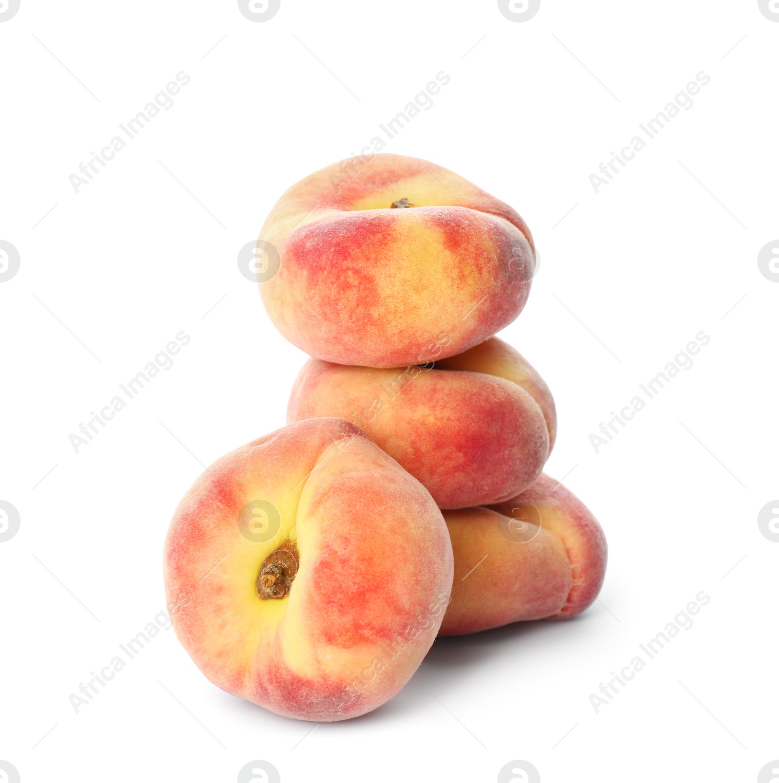 Photo of Fresh ripe donut peaches on white background