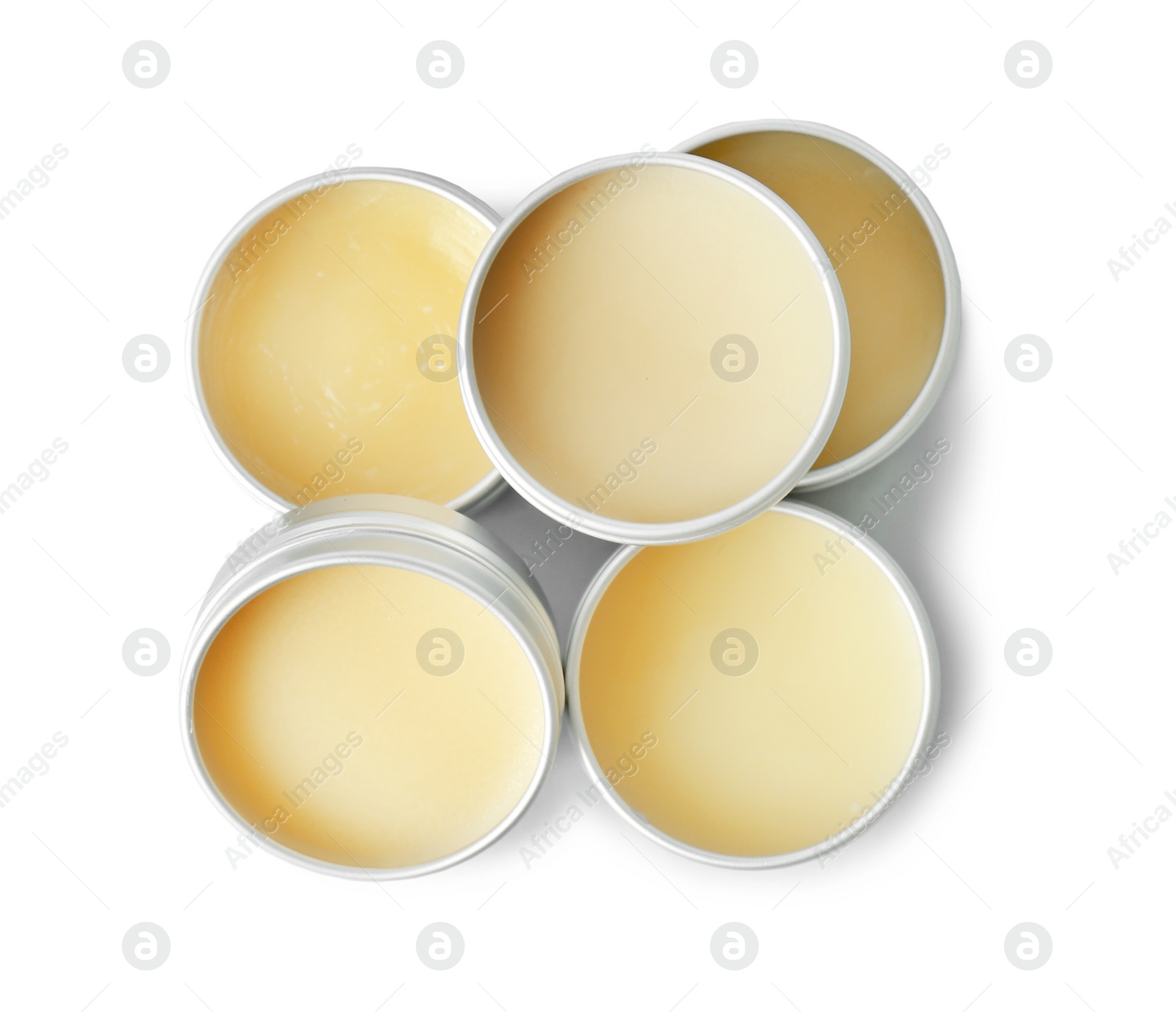 Photo of Lip balms on grey background, top view