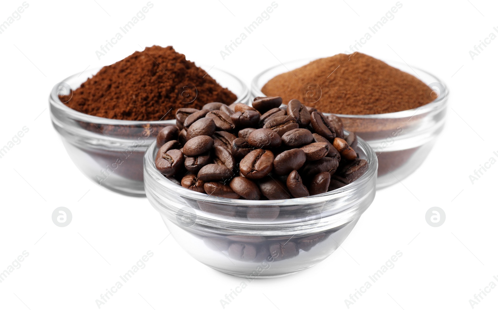 Photo of Bowls with different types of coffee on white background