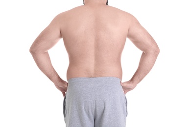 Overweight man isolated on white, closeup. Weight loss