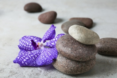 Photo of Stacked spa stones and flower on grey table