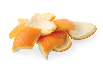 Photo of Many orange fruit peels preparing for drying isolated on white