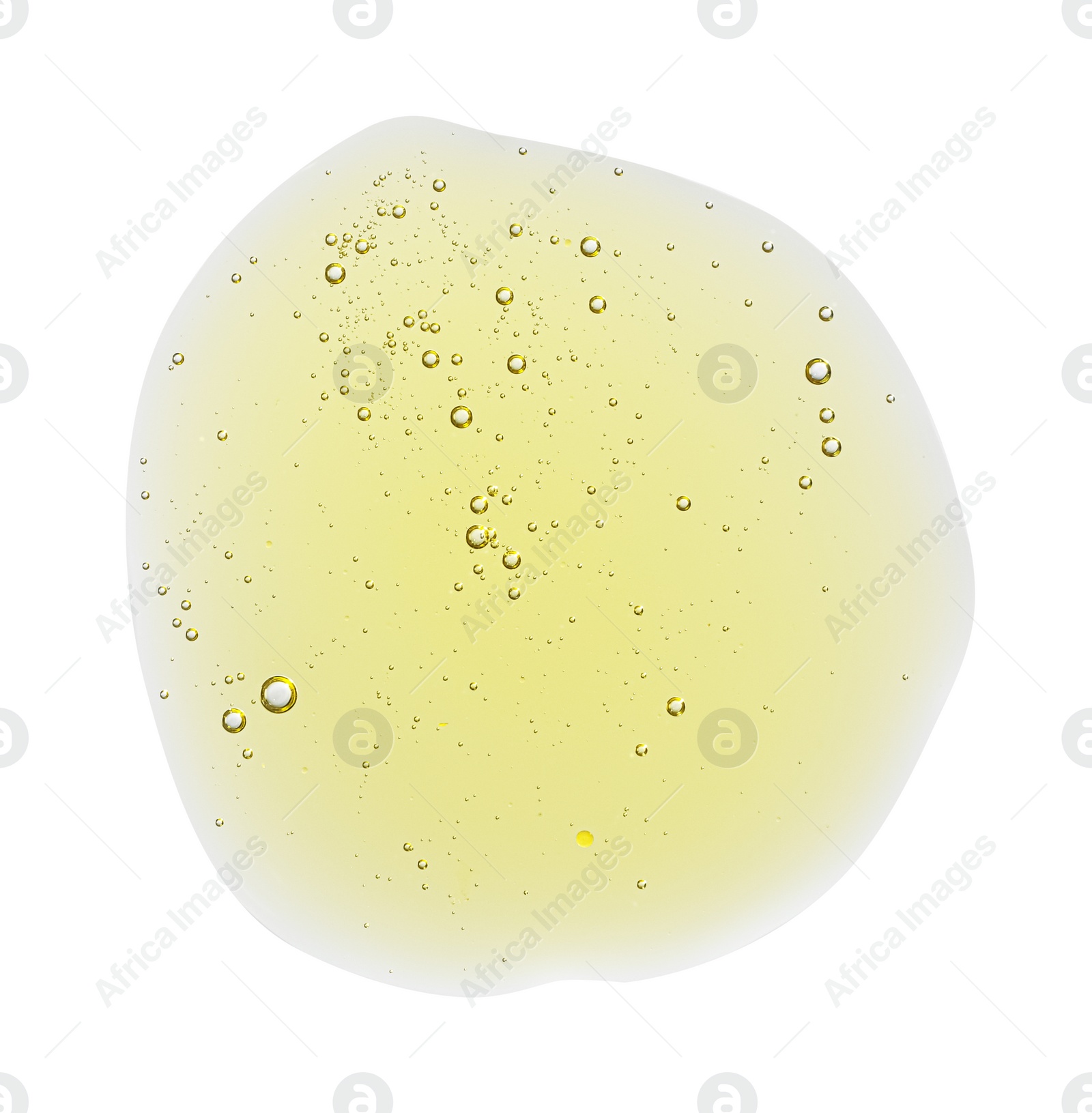 Photo of Sample of yellow facial gel on white background, top view
